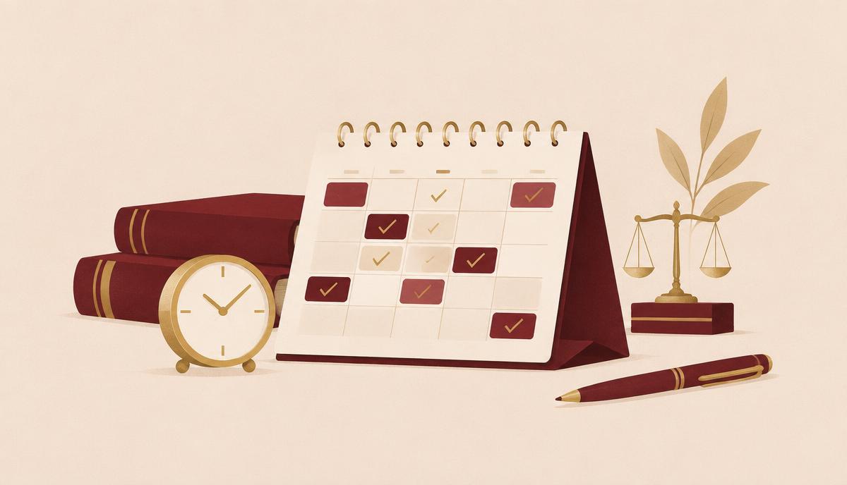 Calendário com um relógio dourado em tons de vinho e creme